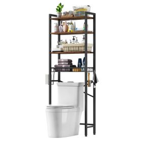 Over the Toilet Storage Freestanding Industrial Metal Wood Shelving Unit (Color: Black)