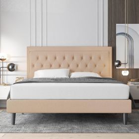 Beige Linen Platform Bed Frame with Button Tufted Headboard (size: King)