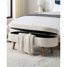 Mid-Century Modern Boho Style Linen Bedroom Storage Bed Bench (Color: Off White Beige)