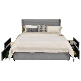 Grey/Gold Linen Headboard 4 Drawer Storage Platform Bed (size: Queen)
