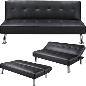 Faux Leather Click Clack Adjustable Futon Sleeper Sofa (Color: Black)