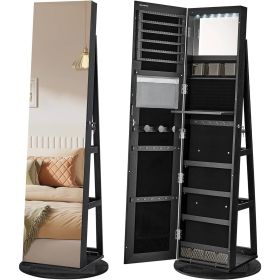 Jewelry Cabinet Armoire Organizer Freestanding Rotating Mirror (Color: Black Wood)