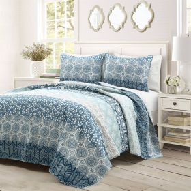 Lightweight 3 Piece Reversible Botanical Blue Damask Quilt Set (size: California King)