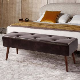 Mid-Century end of Bed Bench with Leather Upholstered Seat Solid Wood Legs (Color: Dark Brown)