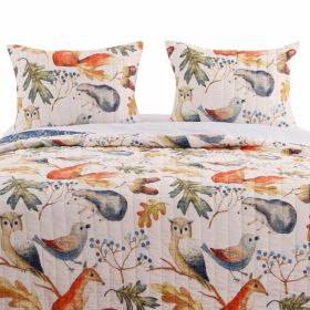 Blue Beige Birds Animals Floral Microfiber Reversible Quilt Set (Option: 3 Piece, size: Full Queen)