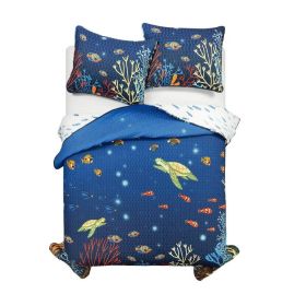3 Piece Ocean Navy Blue Clown Fish Coral Reef Reversible Quilt Set (size: Full Queen)