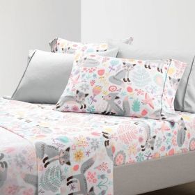 Pink Grey White Teal Floral Fox Birds Soft Polyester Sheet Set (Option: 6 Piece, size: Full)