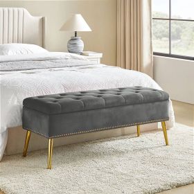 Mid-Century Modern End of Bed Storage Bench with Velvet Seat and Gold Legs (Color: grey)