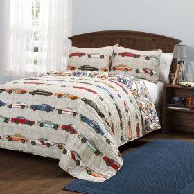 Twin Size Lightweight Race Cars 2 Piece Kids Quilt Set (Color: Blue Orange Grey)