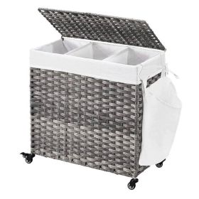 Handwoven PP 3-Bag Laundry Basket Cart with Cotton Liner on Wheels (Color: Grey Rattan)