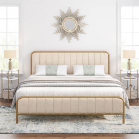 gold Metal Platform Bed Frame with Off-White Upholstered Headboard (size: King)