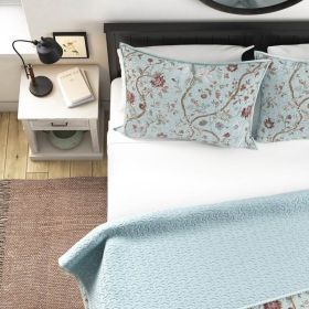 Farmhouse Blue Teal Floral Vines Cotton Reversible Quilt Set (Option: 3 Piece, size: King)