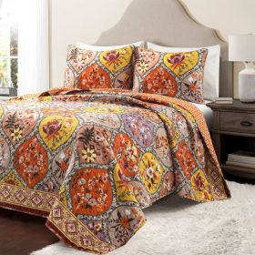 Boho Floral Lightweight Cotton 3-Piece Quilt Set (Color: Orange Mauve Yellow, size: King)