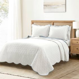 White Blue Scalloped Edge Reversible Thin Light Quilt Set (size: King/Cal King)