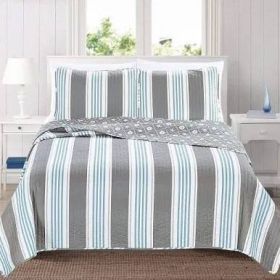 Coastal Starfish Sand Dollar Grey Blue White Nautical Quilt Set (Option: 3 Piece, size: King)