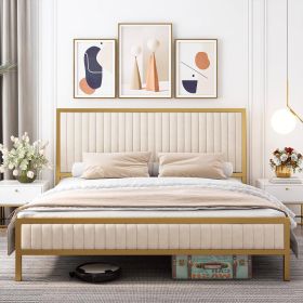 Gold Metal Platform Bed Frame with Beige White Upholstered Headboard (size: King)