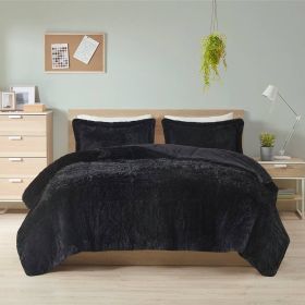 Black Soft Sherpa Faux Fur 3-Piece Comforter Set with Pillow Shams (Option: 3 Piece, size: King/California  King)