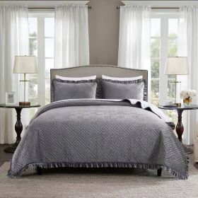 Gray Charcoal Velvet Microfiber Polyester Reversible 3-Piece Quilt Set (size: King)