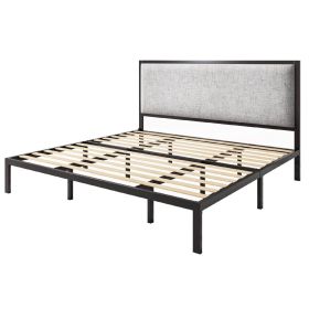 Black Metal Platform Bed Frame with Tall Grey Linen Upholstered Headboard (size: King)