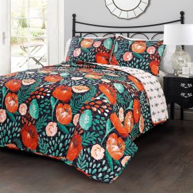 Boho Floral Red Poppy Navy Teal Lightweight 3 Piece Cotton Quilt Set (size: King)