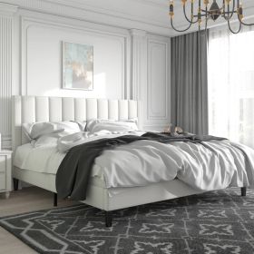 White Velvet Upholstered Platform Bed Frame with Headboard (size: King)