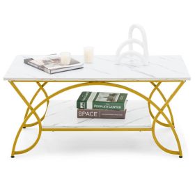Modern White 2 Tier Coffee Table with Gold Finish Metal Curved Legs (Color: White Faux Marble With Gold Finish)