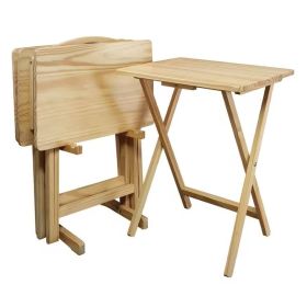 Set of 4 - Solid Wood Folding TV Tray Table Set with Stand in Finish (Color: Natural)