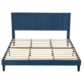 Modern Navy Blue Velvet Upholstered Platform Bed with Headboard (size: King)