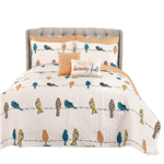 Full/Queen Floral Birds On Wire 7 Piece Lightweight Quilt Set (Color: Orange White Blue)
