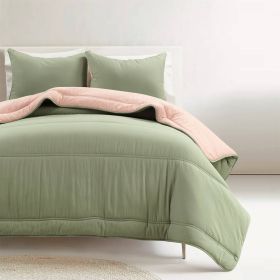 Soft Lightweight Reversible Quilted Comforter Set in Green/Pink (size: Full Queen)