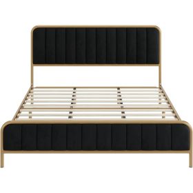 Gold Metal Platform Bed Frame with Black Velvet Upholstered Headboard (size: Queen)