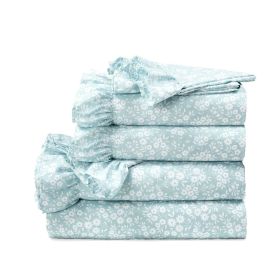 Polyester Blue Ruffle Floral 6 Piece Sheet Set (size: Queen)