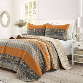 orange grey Boho Floral Birds Reversible light weight Quilt Set (size: King)