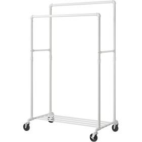 Heavy Duty Double-Rod Garment Clothes Rack w/ Locking Wheels (Color: White Pipe)