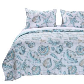 Coastal Seashells 3 Piece White Teal Polyester Reversible Quilt Set (size: Twin)