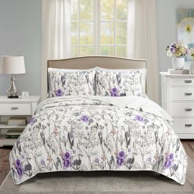 Purple Grey White Floral Quilt Set (size: King)