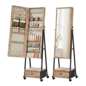 Modern Metal Wood Jewelry Armoire Cabinet Organizer Mirror on Wheels (Color: Industrial)
