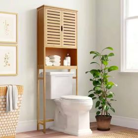 Over the Toilet Bathroom Storage Cabinet Shelf in Wood Finish (Color: Light Brown Yellow)