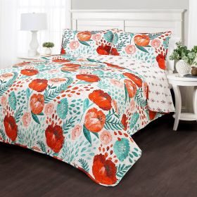 Red Poppy Flower White Teal Lightweight 3 Piece Cotton Quilt Set (size: Full Queen)