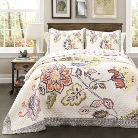 3 Piece Floral Boho Cotton Off-White Navy Pastel Quilt Set (size: King)