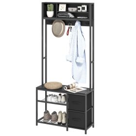 HOMCOM Hall Tree with Bench and Shoe Storage, 5-in-1 Entryway Bench with Coat Rack, 3 Storage Shelves, 2 Fabric Drawers (Color: Black)