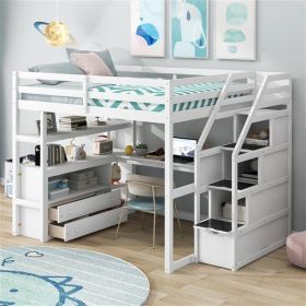 Full Size Loft Bed with Desk and Shelves, Two Built-in Drawers, Storage Staircase (Color: White)