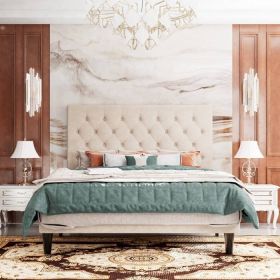 Beige Linen Upholstered Platform Bed with Button-Tufted Headboard (size: King)