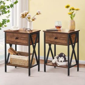 Set of 2 - Rustic 1 Drawer Nightstand Wood Finish (Color: Brown Black)