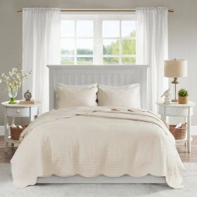 3 Piece Reversible Scalloped Edges Microfiber Quilt Set in Cream (size: King)