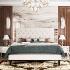 White Faux Leather Upholstered Platform Bed with Button-Tufted Headboard (size: King)