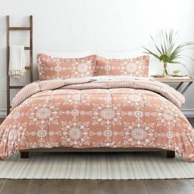 3-Piece Clay and White Reversible Floral Striped Comforter Set (size: Full/Queen)