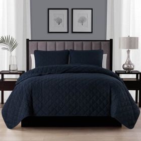 3-Piece Navy Blue Polyester Microfiber Reversible Diamond Quilt Set (size: Full/Queen)