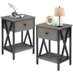 Set of 2 - 1 Drawer Nightstand Wood Finish (Color: Grey/ Black)