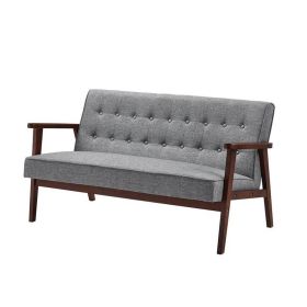 Mid-Century Modern Loveseat Sofa Couch Wood Frame (Color: Grey Button Tuffted)